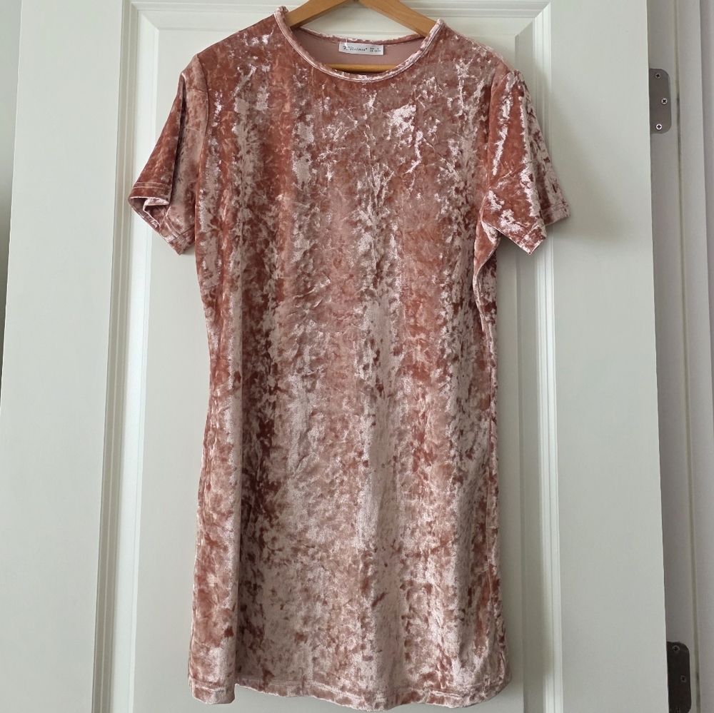 Crushed Velvet Shortsleeve Mini Dress Womens L Blush Whimsy Fairycore Coquette